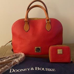 Dooney & Bourke Pebble Grain Zip Satchel in Cranberry (Red) with Matching Wallet